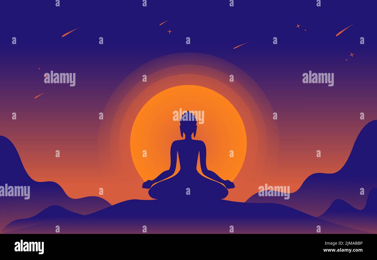 Illustration du Bouddha Vesak, célébration du jour Vesak avec fond de cercle lunaire et montagnes, statue de bouddha, Dharmavinaya, Bouddha Dharma, Siddharta Gaut Illustration de Vecteur