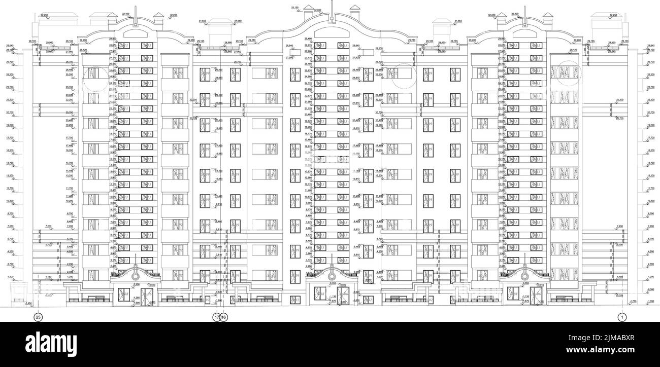 Façades de bâtiments à plusieurs étages, dessin technique architectural détaillé, plan vectoriel Illustration de Vecteur