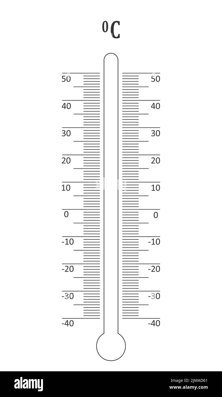 Décrivez l'échelle en degrés Celsius du thermomètre météorologique. Modèle graphique pour outil de mesure de la température extérieure avec plage de -40 à 50 isolés sur fond blanc. Illustration graphique vectorielle Illustration de Vecteur