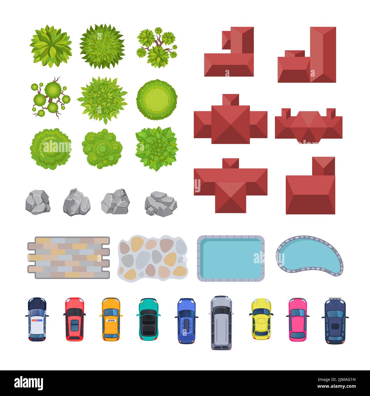 Vue de dessus des éléments de la ville pour le jeu d'illustrations vectorielles. Vue aérienne des voitures, maisons, arbres, plantes, éléments de rue ou de parc pour plan urbain Illustration de Vecteur