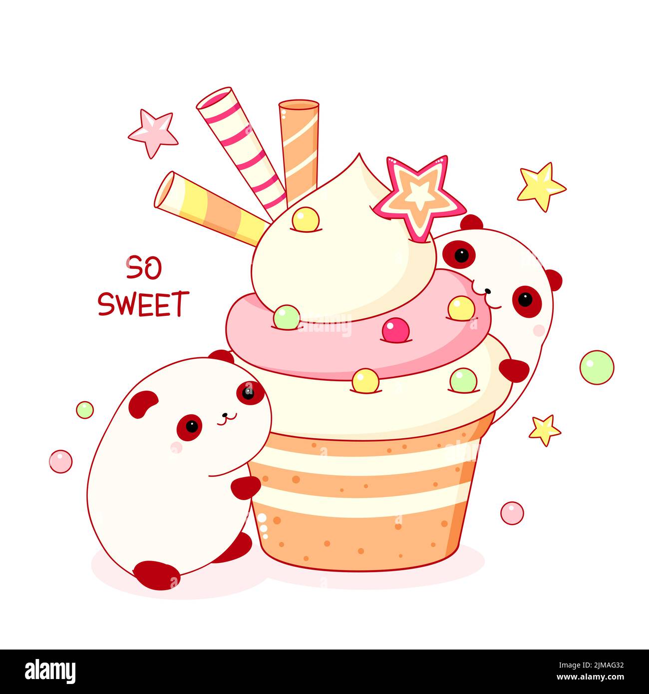 Animaux mignons dans le style kawaii. Deux pandas gras amusants avec cupcake. Inscription si douce. Peut être utilisé pour l'impression de t-shirt, les autocollants, le motif de carte de vœux. Illustration de Vecteur