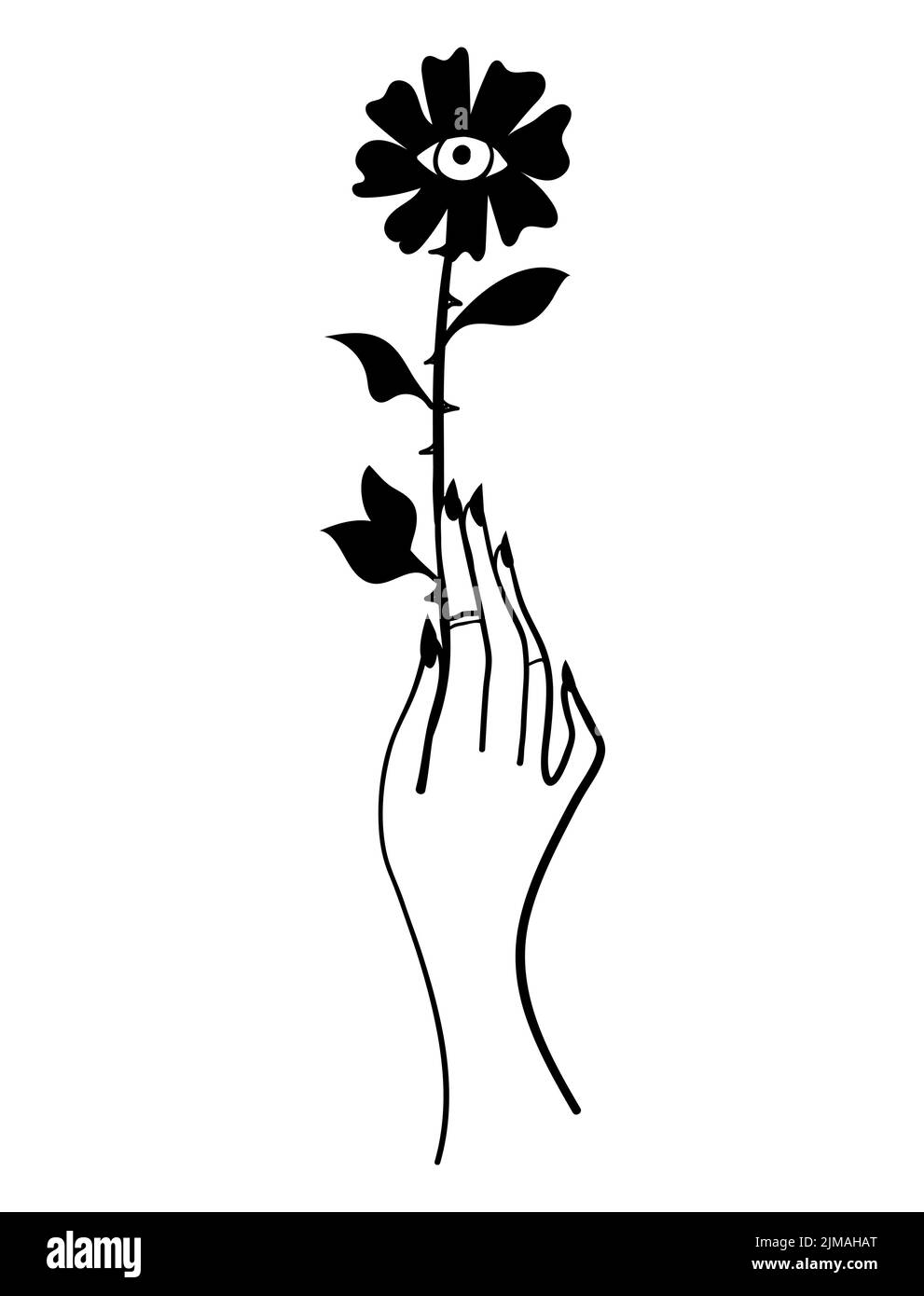 La main femelle tient une fleur mystique avec un oeil, tattoo de boho magique pour une sorcière, icône de tarot, dire de fortune, ésotérique. Symbole Doodle isolé sur whi Illustration de Vecteur