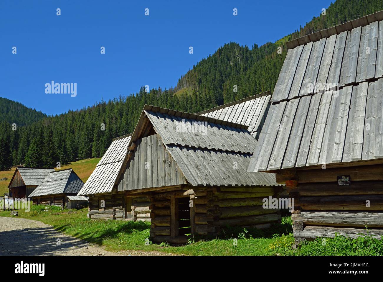 Huttes de vieux berger sur la Glade de Chocholowska, Tatra Ouest, Pologne Banque D'Images