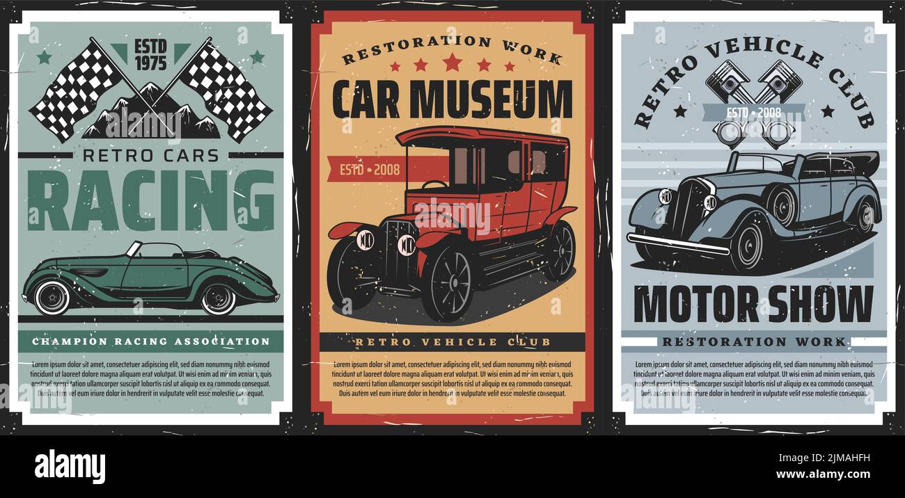 Affiches de courses de voitures rétro, de musées et de spectacles automobiles. Exposition sur l'histoire des véhicules, club de restauration des automobiles rétro et prospectus de compétition pour les sports motorisés. VI Illustration de Vecteur