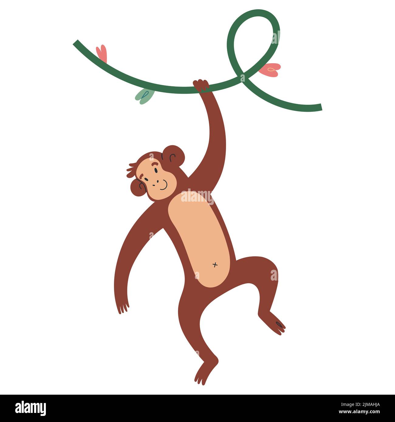 Singe mignon souriant et suspendu d'une plante super-réducteur, gai ou macaque, illustration vectorielle isolée sur fond blanc Illustration de Vecteur