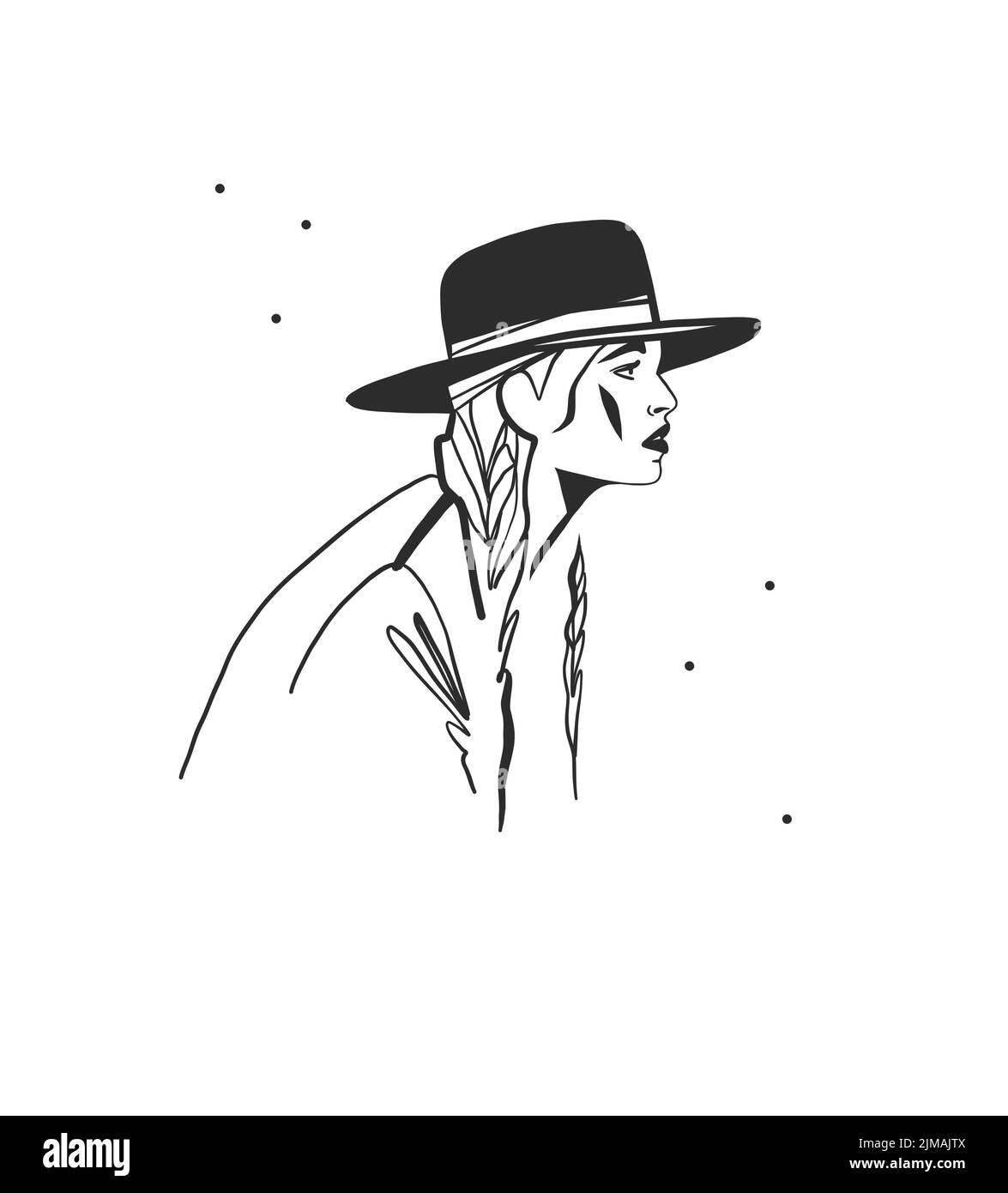 Dessin à la main vecteur graphique clipart illustration boho cowgirl en chapeau portrait.Western concept de conception féminine.Bohème sauvage ouest art contemporain Illustration de Vecteur