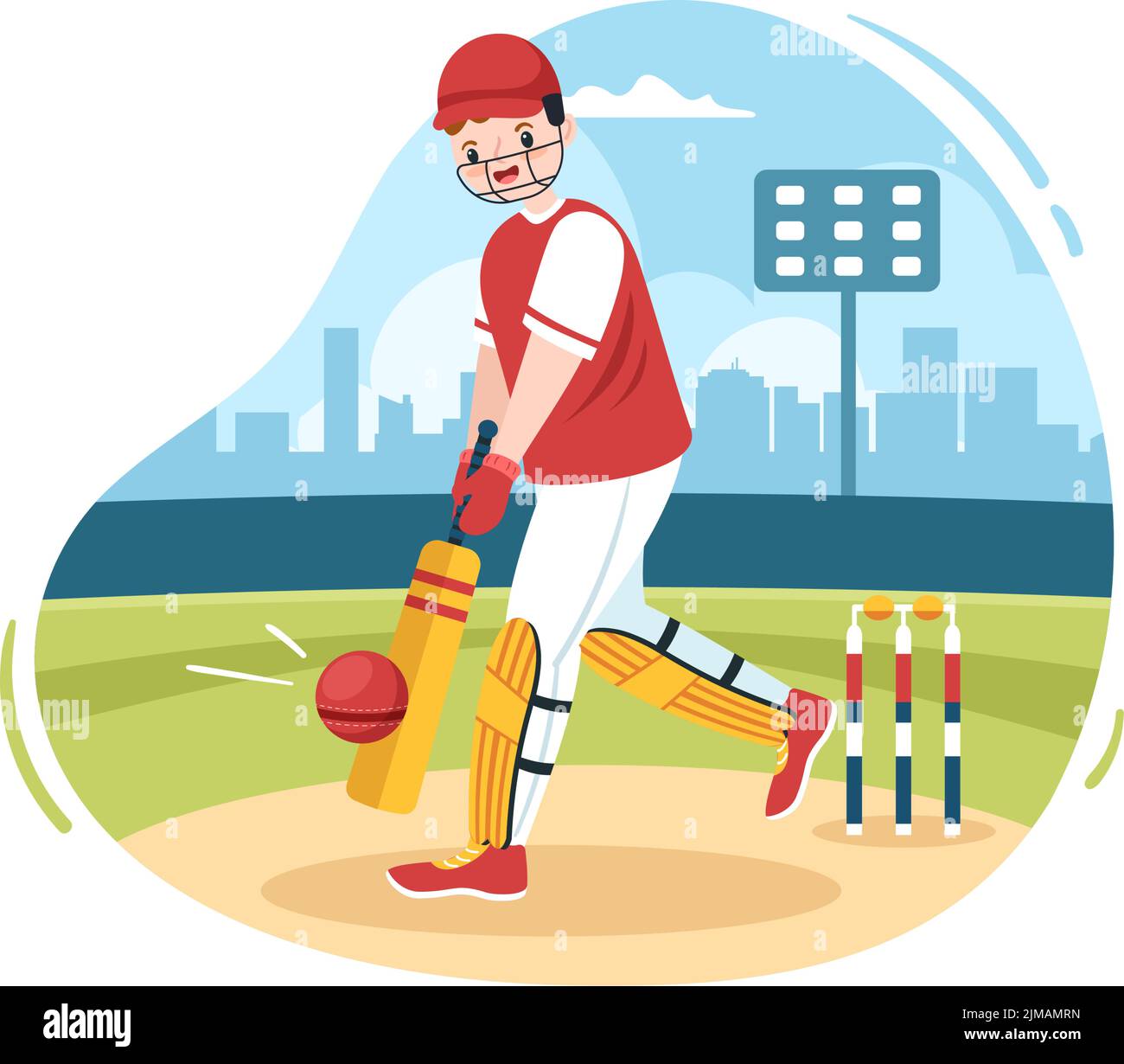 Batteur jouant au Cricket Sports avec ball and Stick dans un terrain de dessin animé à plat Illustration d'arrière-plan Illustration de Vecteur