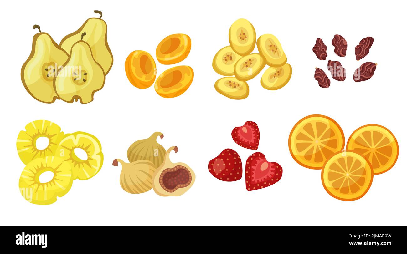 Divers fruits secs dessin animé ensemble. Figues séchées, abricot, poire, ananas, pomme, orange, fraise, raisin et prune isolés sur le dos blanc Illustration de Vecteur