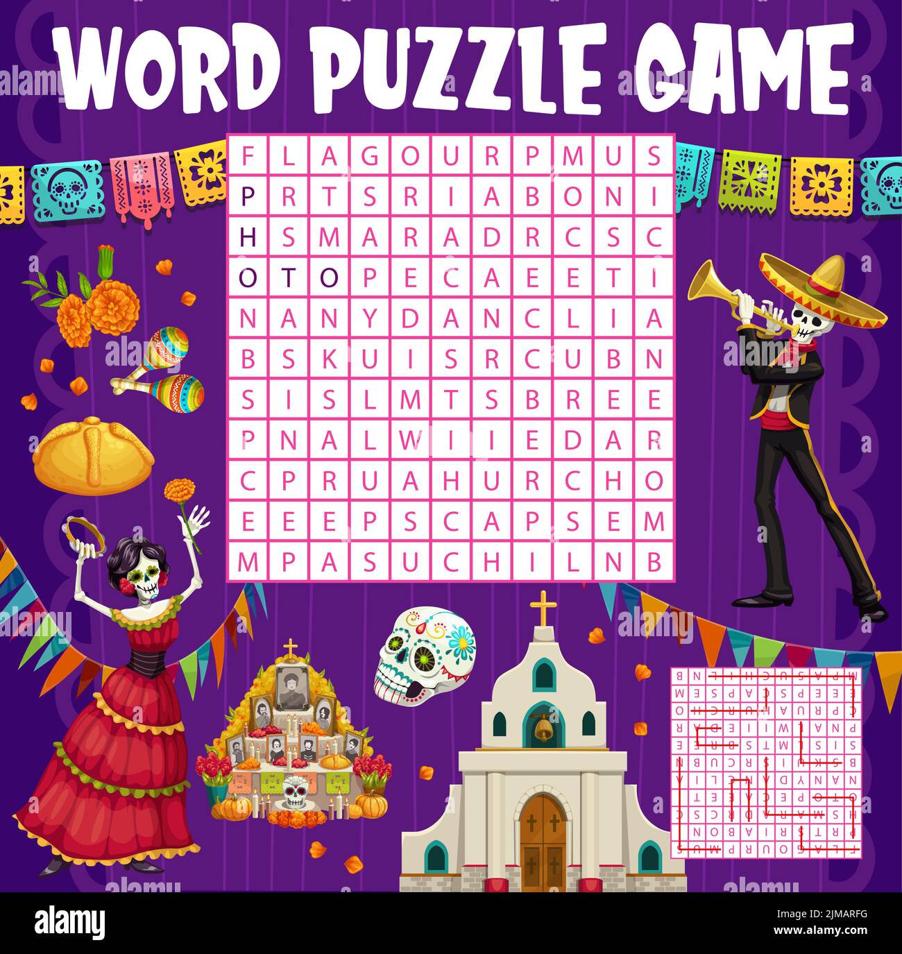 Dia de los Muertos mexican Holiday Word recherche puzzle jeu feuille de travail. Quiz vectoriel, énigme ou labyrinthe de mots avec crâne de sucre de dessin animé, maracas, jour du D Illustration de Vecteur