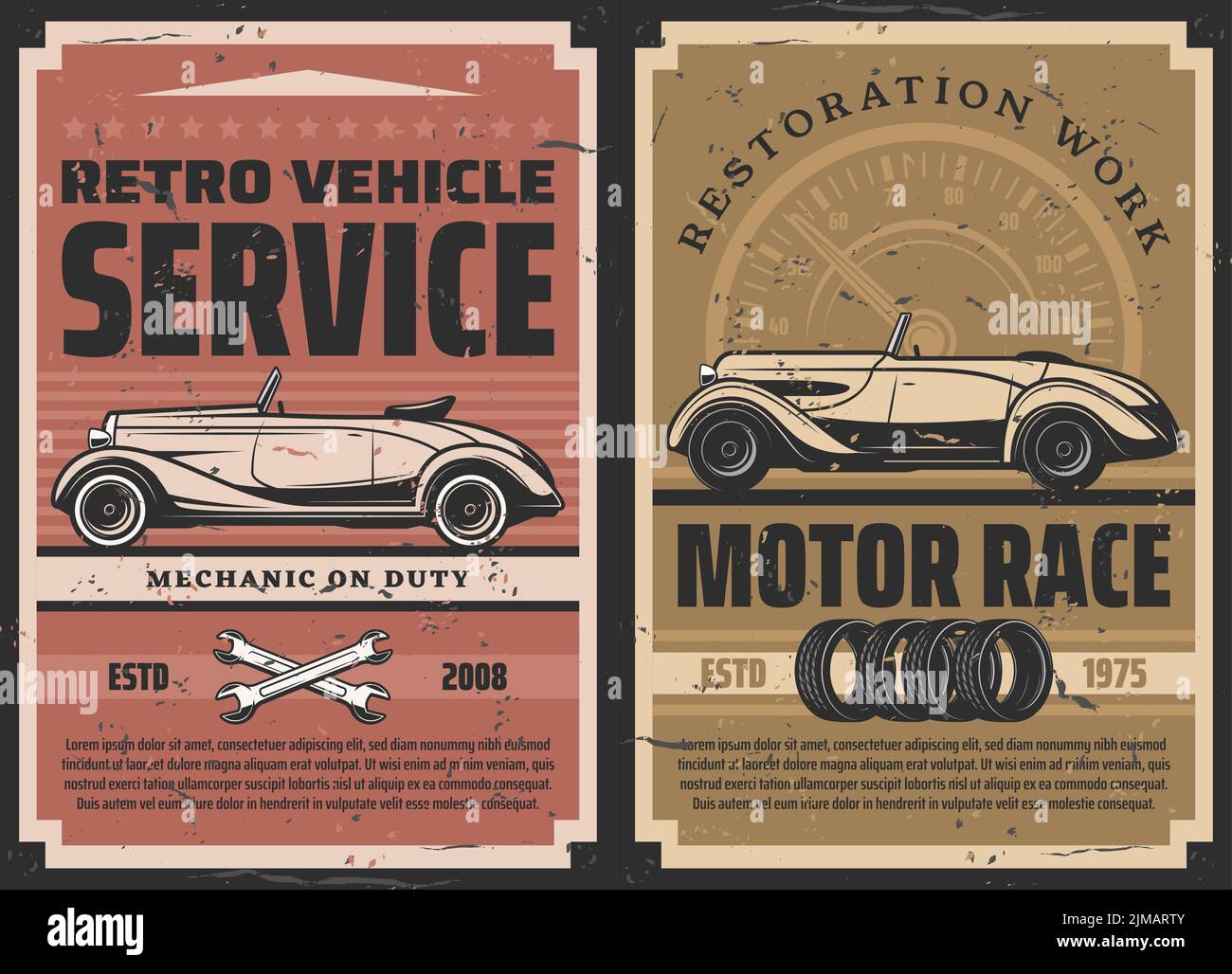 Service de voiture rétro, affiches de vecteur de course automobile. Travaux de réparation et de restauration de vieux véhicules mécanique garage station, automobile classique course de sport automobile Illustration de Vecteur