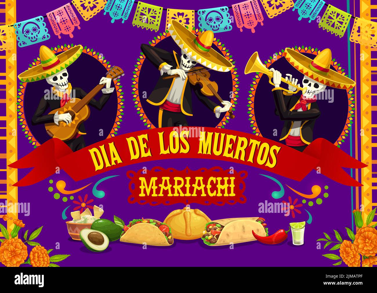 Musiciens mexicains mariachi, Dia de los Muertos jour de mort affiche de vacances festives. Dessin vectoriel avec des personnages d'artistes de squelette, fleurs marigold, p Illustration de Vecteur