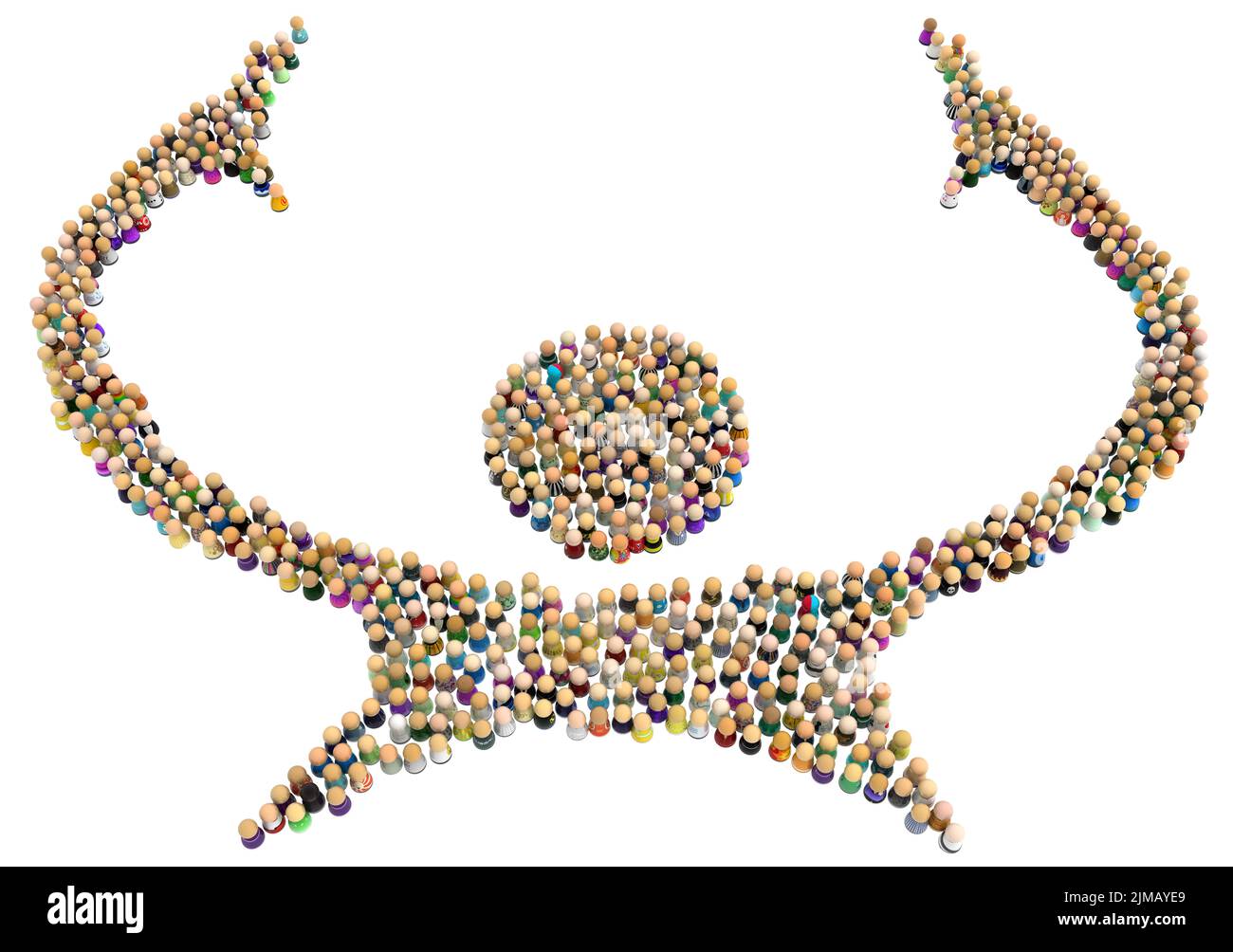 Foule de petites figures symboliques formant une grande personne forme large bras de retenue propagation, 3D illustration, horizontale, isolée, sur blanc Banque D'Images