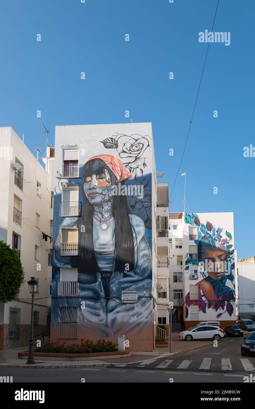 Estepona, Malaga, Espagne - 10 juin 2022: Une rue typique de la ville d'Estepona avec de grands et beaux graffitis. Estepona, Andalousie, Espagne Banque D'Images