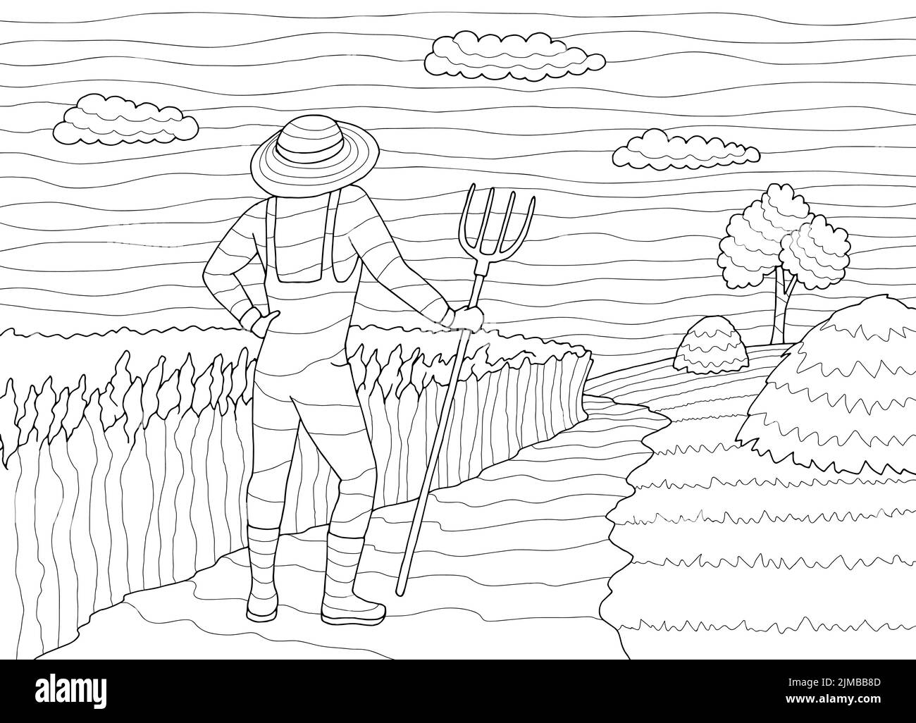 Dessin paysan graphique noir blanc paysage illustration vecteur Illustration de Vecteur