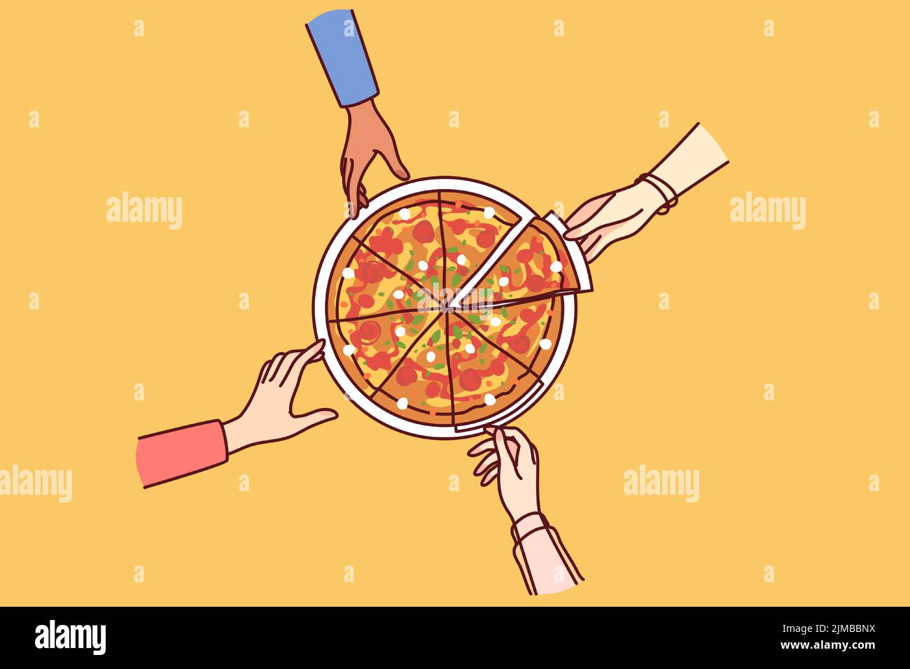 Gros plan sur les personnes qui mangent de la pizza ensemble. Des amis ou des collègues partagent la restauration rapide italienne lors d'une pause-travail au bureau. Illustration vectorielle. Illustration de Vecteur