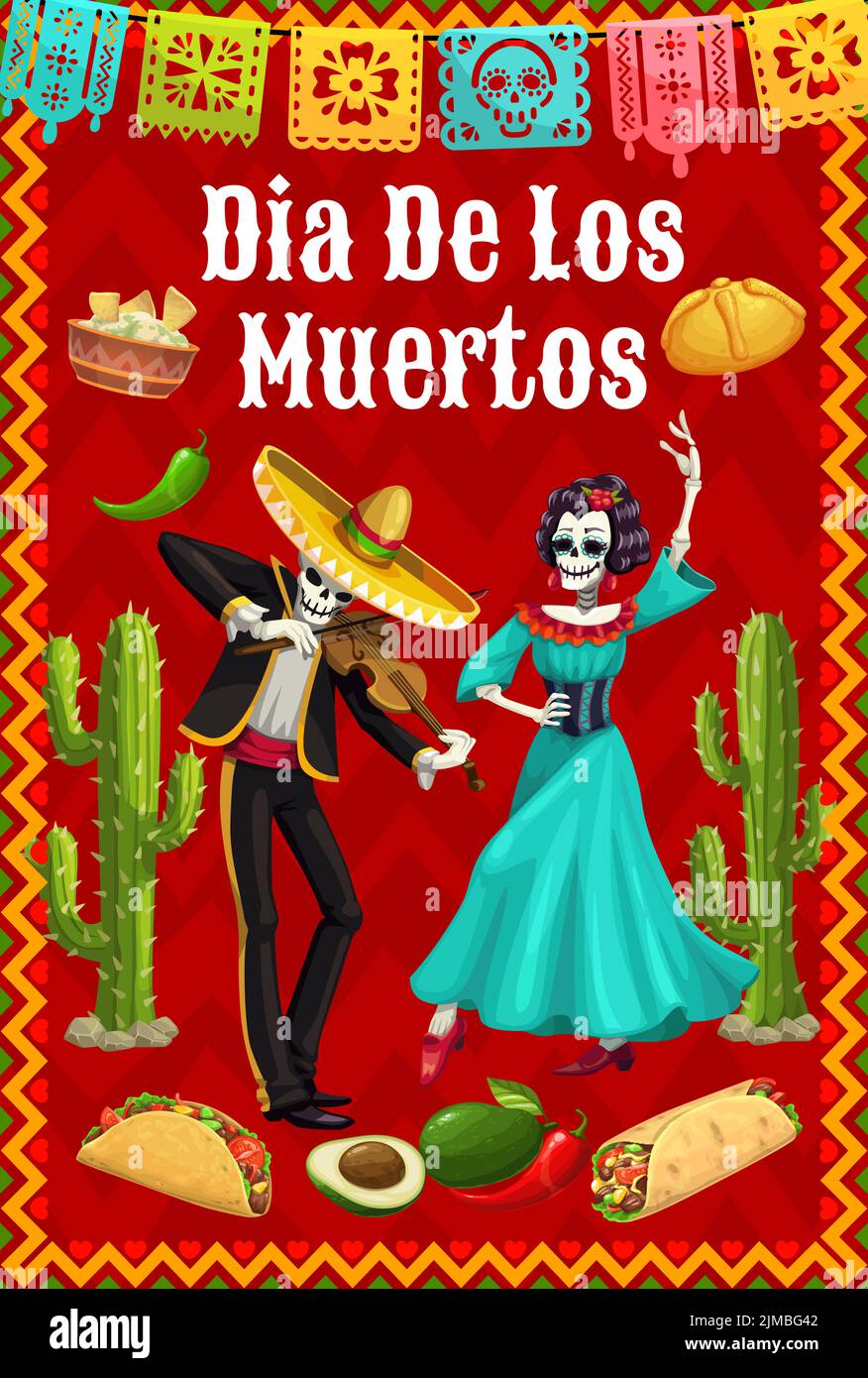 Dia de los Muertos affiche mexicaine de vacances avec danse Catrina et squelette mariachi jouant des personnages traditionnels de violon. Vecteur jour de mort de personne Illustration de Vecteur