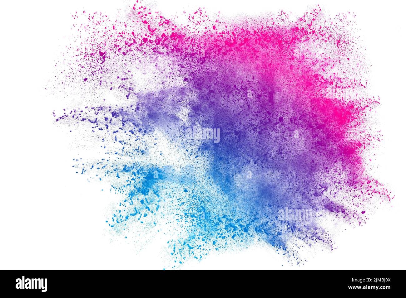 Explosion de poudre rose bleu sur fond blanc. Projection de particules de poussière de couleur. Banque D'Images