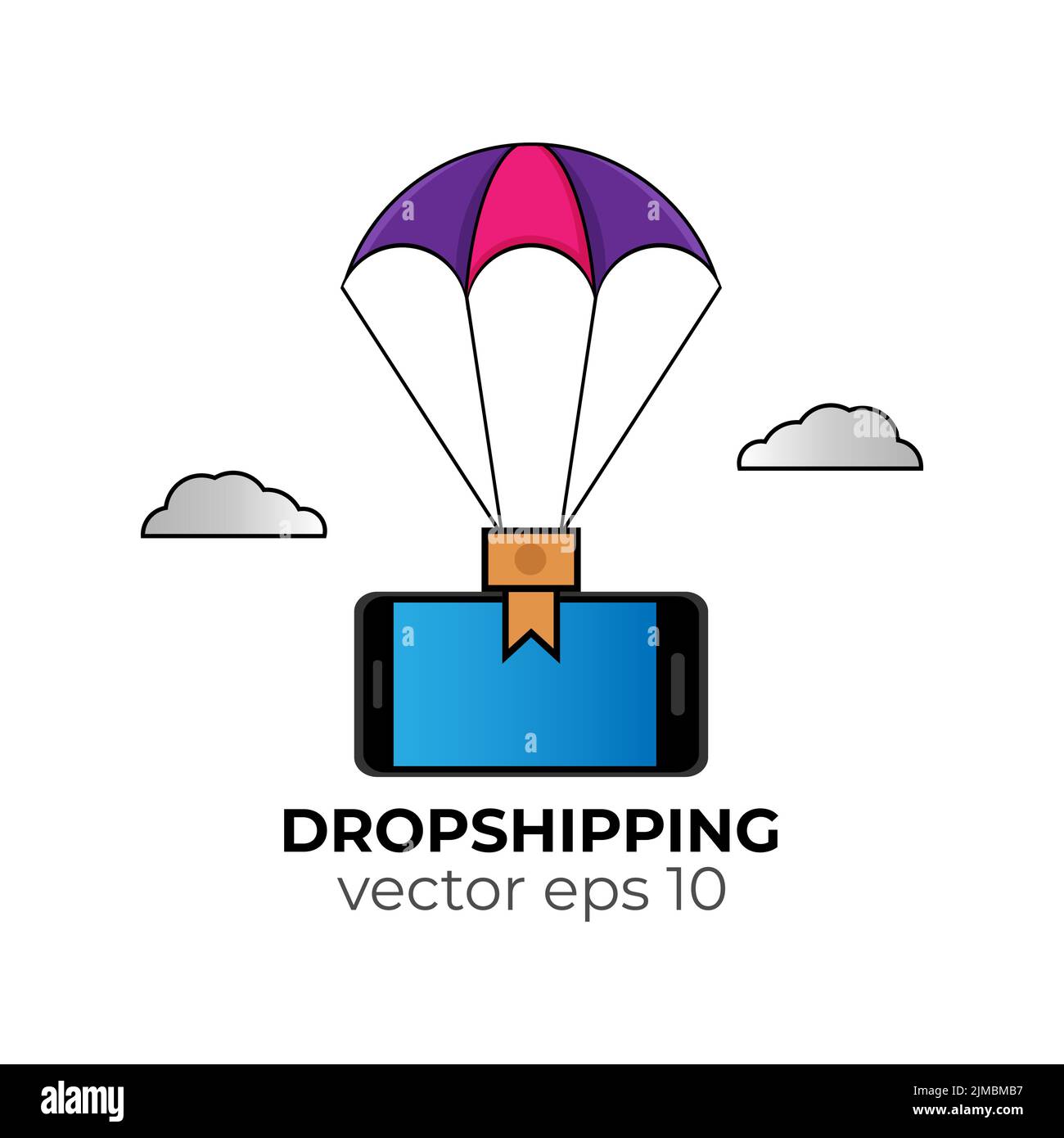 Dropshipping concept. Parachute dans le ciel pour un smartphone à destination. Illustration vectorielle dans un style de dessin au trait Illustration de Vecteur