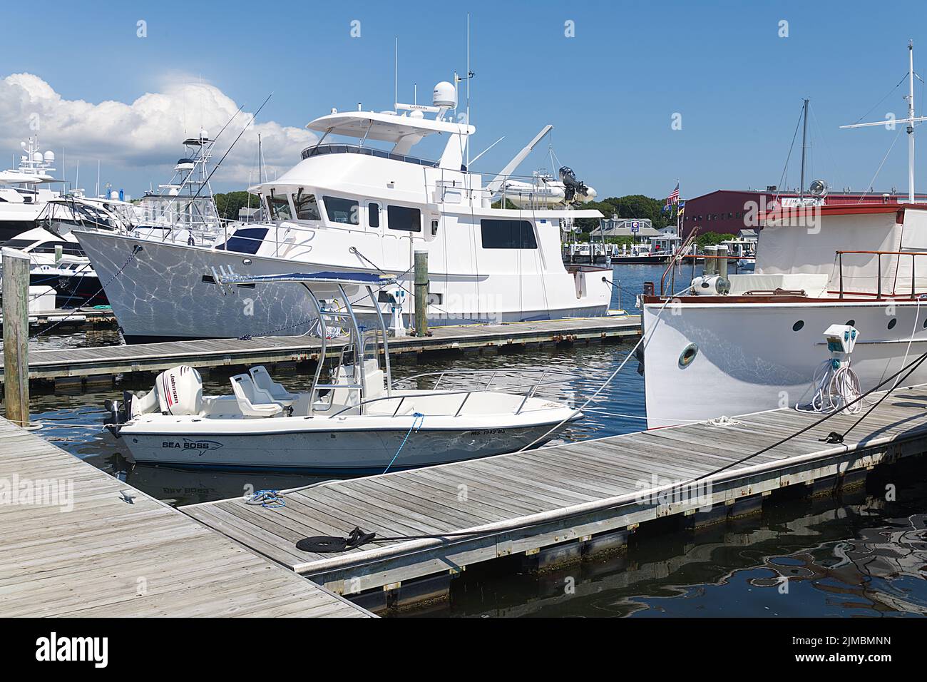 Amarré des bateaux à moteur haut de gamme dans le port de Falmouth, Falmouth, Massachusetts sur Cape Cod, États-Unis Banque D'Images