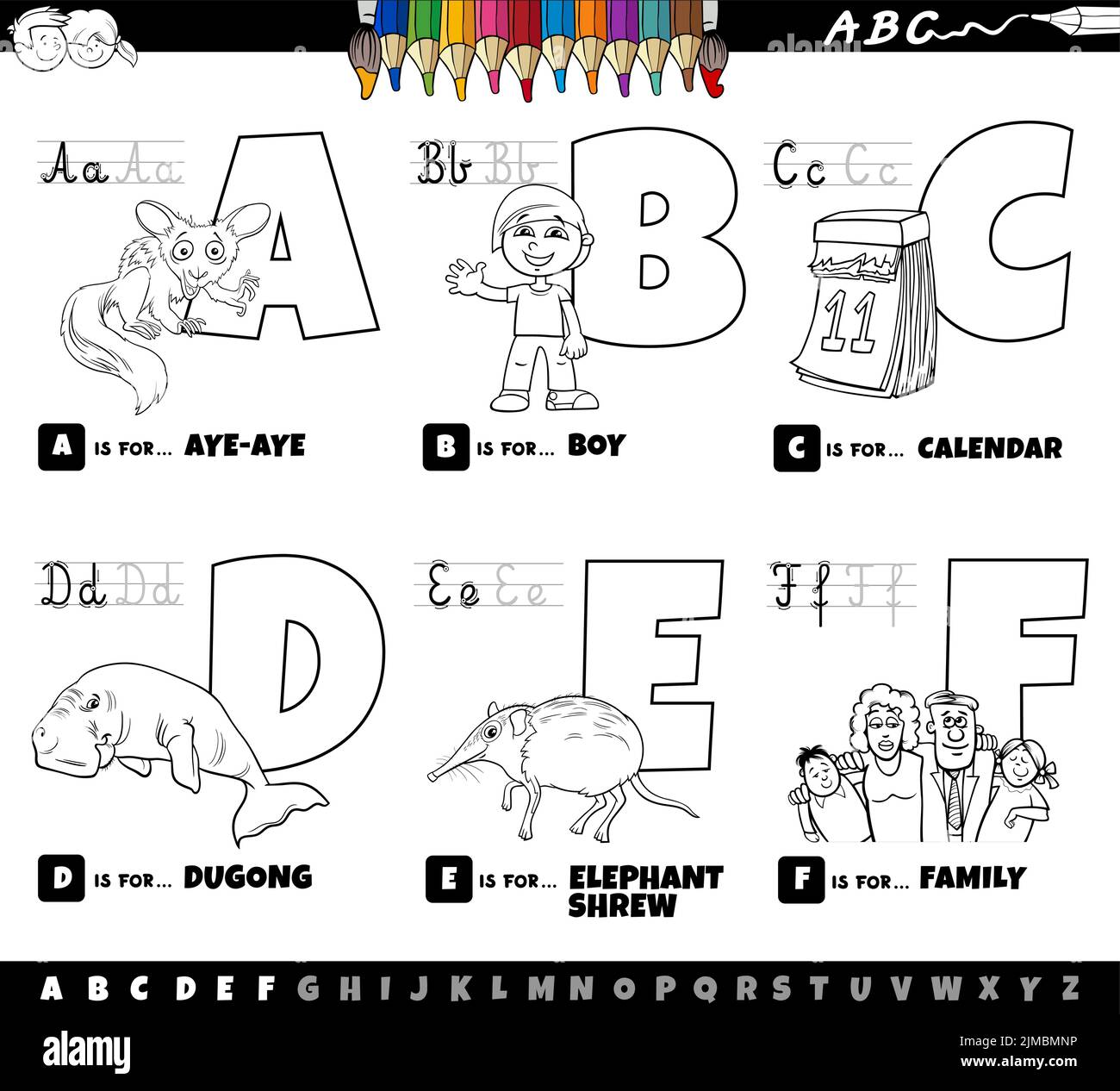 Dessin animé noir et blanc représentant des lettres majuscules de l'alphabet kit éducatif pour la pratique de la lecture et de l'écriture pour les enfants de Couleur a à F Illustration de Vecteur