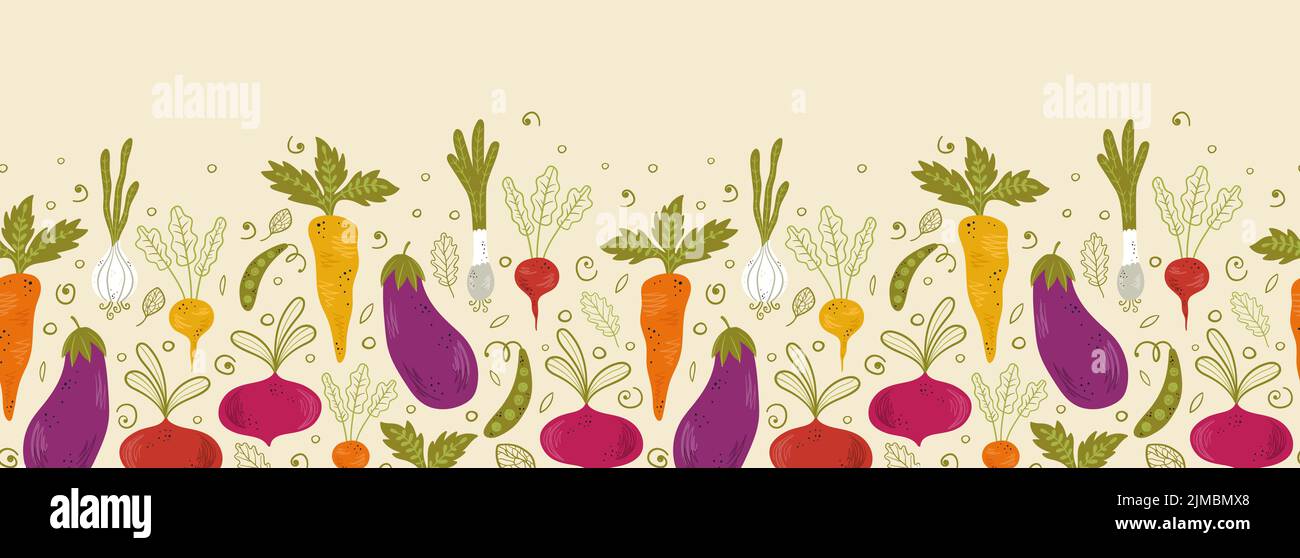 Jolis légumes dessinés à la main motif sans couture, fond sain de coodle avec carottes, aubergines, oignons - motif vectoriel Illustration de Vecteur