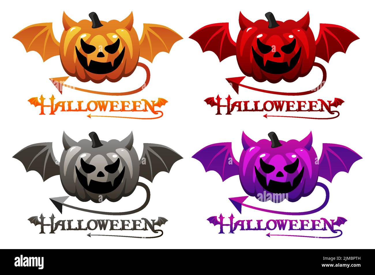 Isolé quatre citrouilles d'halloween avec ailes. Illustration de Vecteur