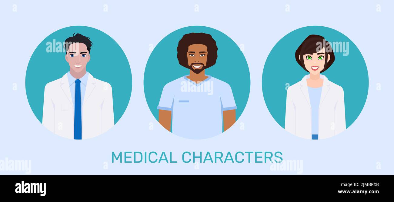 Plat hommes et femmes médecins de santé vecteur illustration personnes dessin animé avatar profil personnages ensemble. Personnel hospitalier : médecin, infirmière. Le concept o Illustration de Vecteur