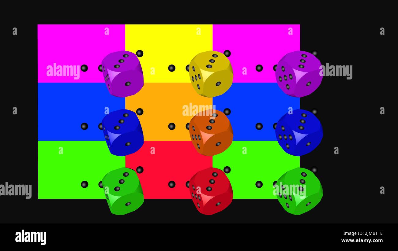 Couleur arc-en-Dice, rendu 3D sur noir Banque D'Images