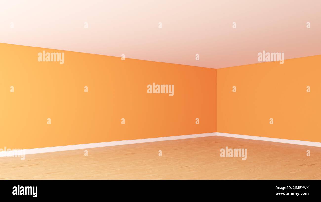 Coin vide de la salle avec murs orange lumineux, plafond blanc, parquet clair et un Plinth blanc. Intérieur vide non meublé. Vue en perspective. 3D illustration, Ultra HD 8K, 7680x4320 Banque D'Images