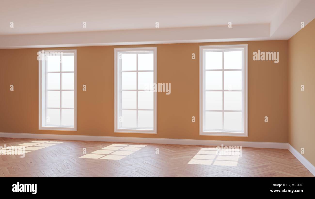 Intérieur ensoleillé avec murs beige, trois grandes fenêtres, parquet brillant à chevrons clair et Plinth blanc. Belle chambre vide non meublée. 3D illustration, Ultra HD 8K, 7680x4320, 300 dpi Banque D'Images