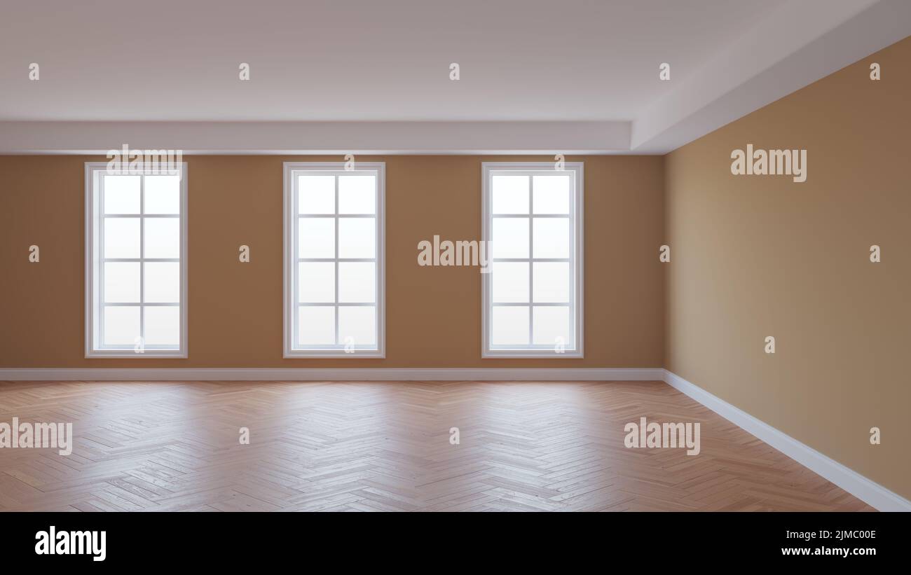 Intérieur vide avec murs beige, plafond blanc et Conrnice, trois grandes fenêtres, parquet à chevrons et un Plinth blanc. Beau concept de la salle, 3D rendu. Ultra HD 8K 7680 x 4320 Banque D'Images