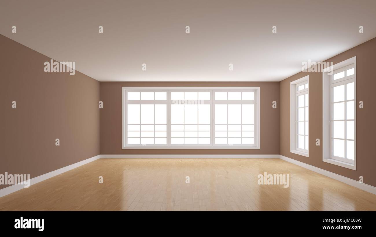 Belle chambre intérieure vide avec murs marron clair, parquet brillant, Plinth blanc, trois grandes fenêtres pleine paroi. 3D rendu avec une trajectoire de travail sous Windows. 8K Ultra HD, 7680 x 4320, 300 dpi Banque D'Images