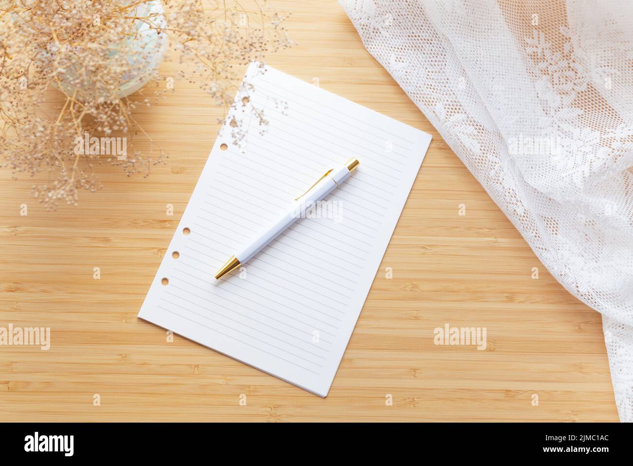Feuille de papier vierge doublée avec un stylo sur un bureau en bois. Banque D'Images