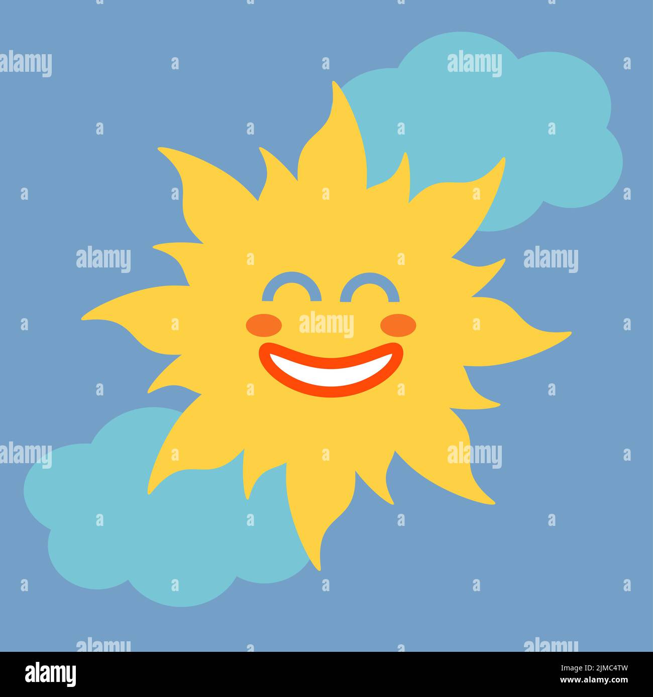 Dessin animé enfant soleil dans le ciel. Personnage drôle - soleil avec nuage sur fond bleu. Illustration de Vecteur