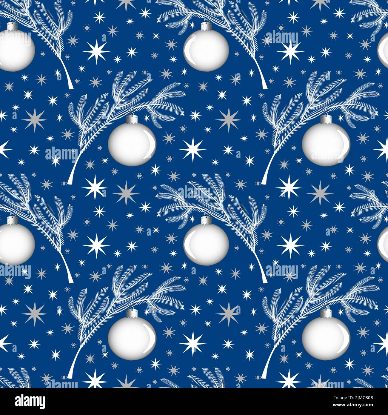 Motif sans couture branche d'arbre de Noël conifères blancs sur fond bleu avec un jouet d'arbre de Noël sous la forme d'une balle d'esprit Banque D'Images