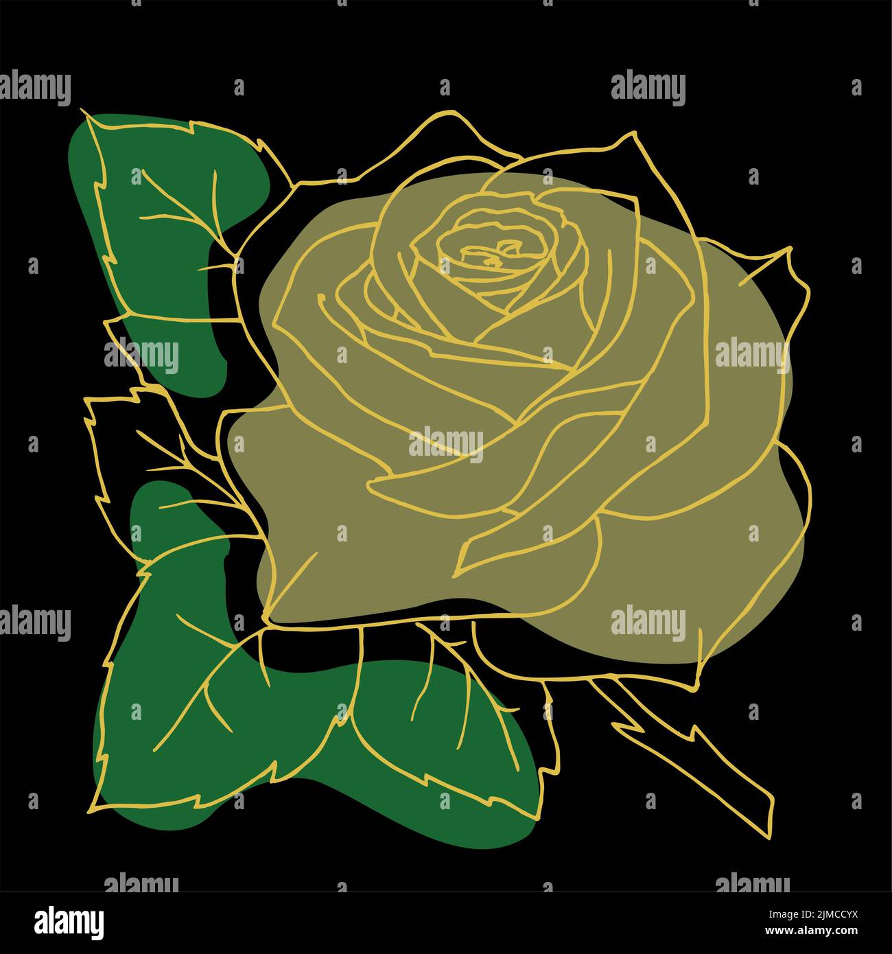 dessin de contour doré d'une fleur rose sur fond noir et taches colorées, graphiques modernes, design Banque D'Images