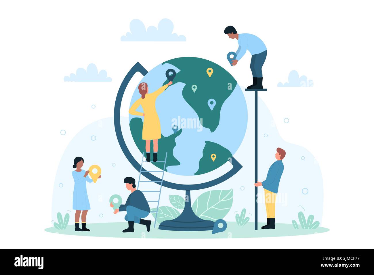 Navigation globale, stratégie d'expansion avec des personnes minuscules. Personnages de dessins animés tenant des points d'épingle pour marquer des endroits pour les voyages internationaux, chemin à marquer sur l'illustration vectorielle plate de globe. Concept du tourisme Illustration de Vecteur Navigation globale, stratégie d'expansion avec des personnes minuscules. Personnages de dessins animés tenant des points d'épingle pour marquer des endroits pour les voyages internationaux, chemin à marquer sur l'illustration vectorielle plate de globe. Concept du tourisme Illustration de Vecteur