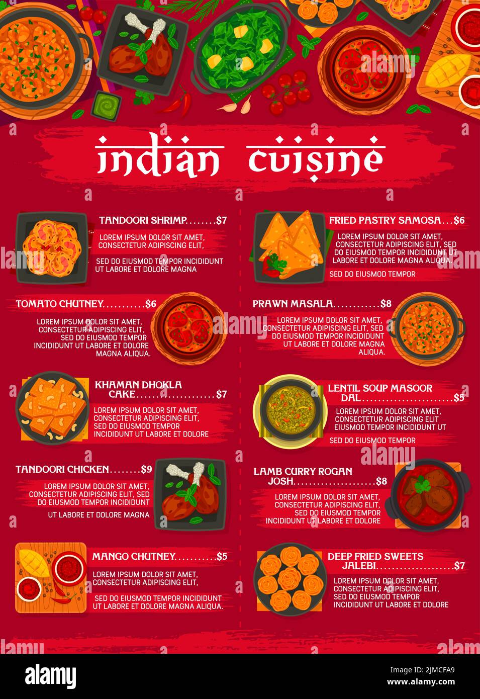 Programme de menu de cuisine indienne, soupe de lentilles vector masoor dal, pâtisserie frit samosa et gâteau khaman dhokla. Bonbons frits au jalebi, chutney de mangue et p Illustration de Vecteur