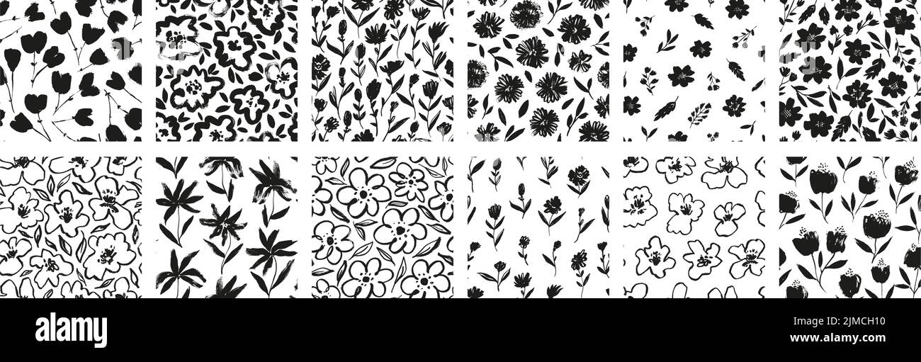 Ensemble de motifs sans couture avec fleurs dessinées à la main. Illustration de Vecteur