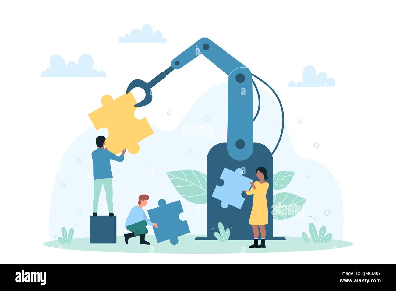 Automatisation des processus métier, utilisation de robots et de machines illustration vectorielle. Dessin animé minuscules personnes reliant des pièces de puzzle avec bras robotique, l'exploitation de systèmes automatisés et de logiciels. Concept de démarrage Illustration de Vecteur