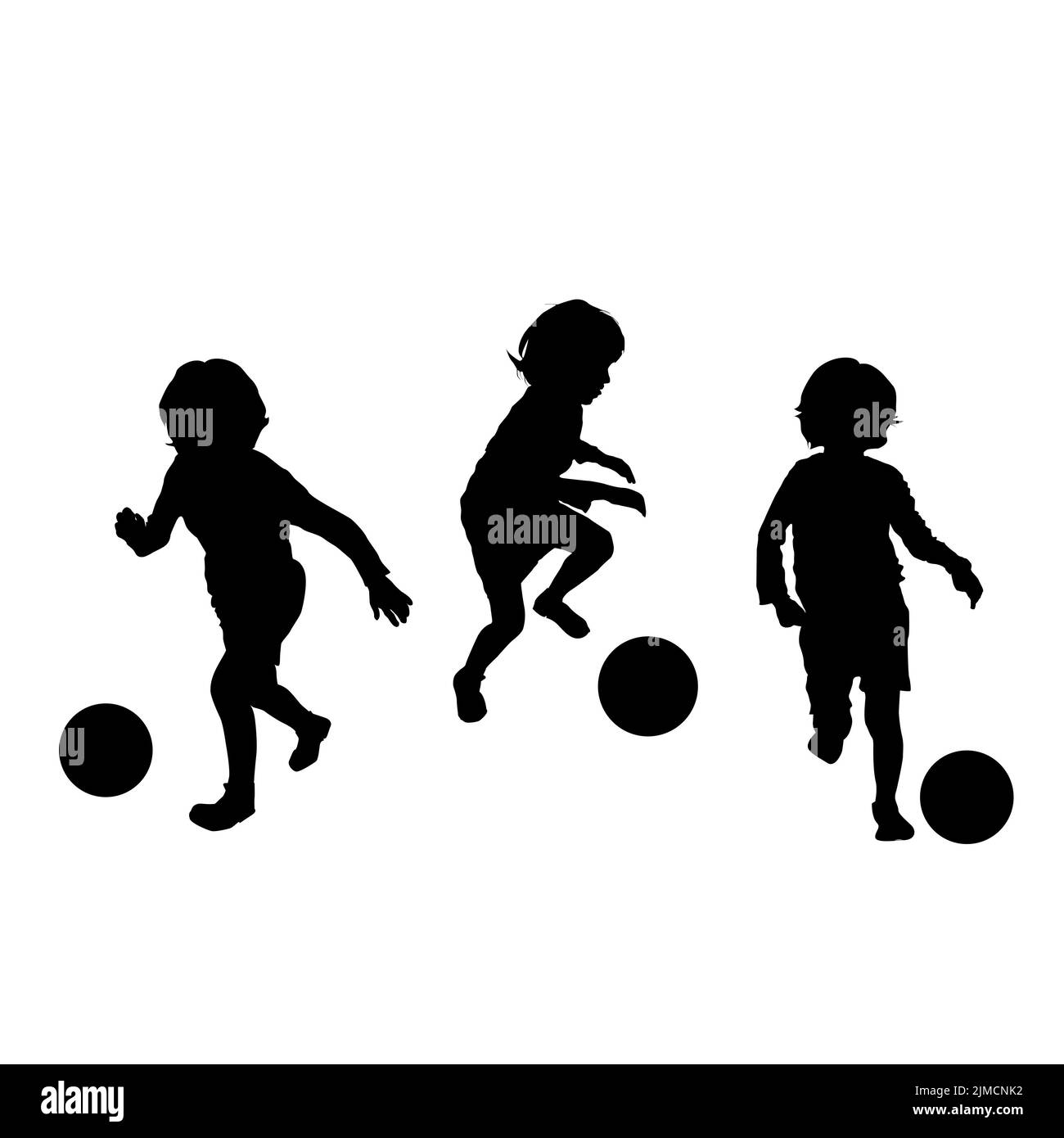 Silhouette vecteur d'enfants jouant au football, isolés, les objets groupés sur fond blanc Banque D'Images