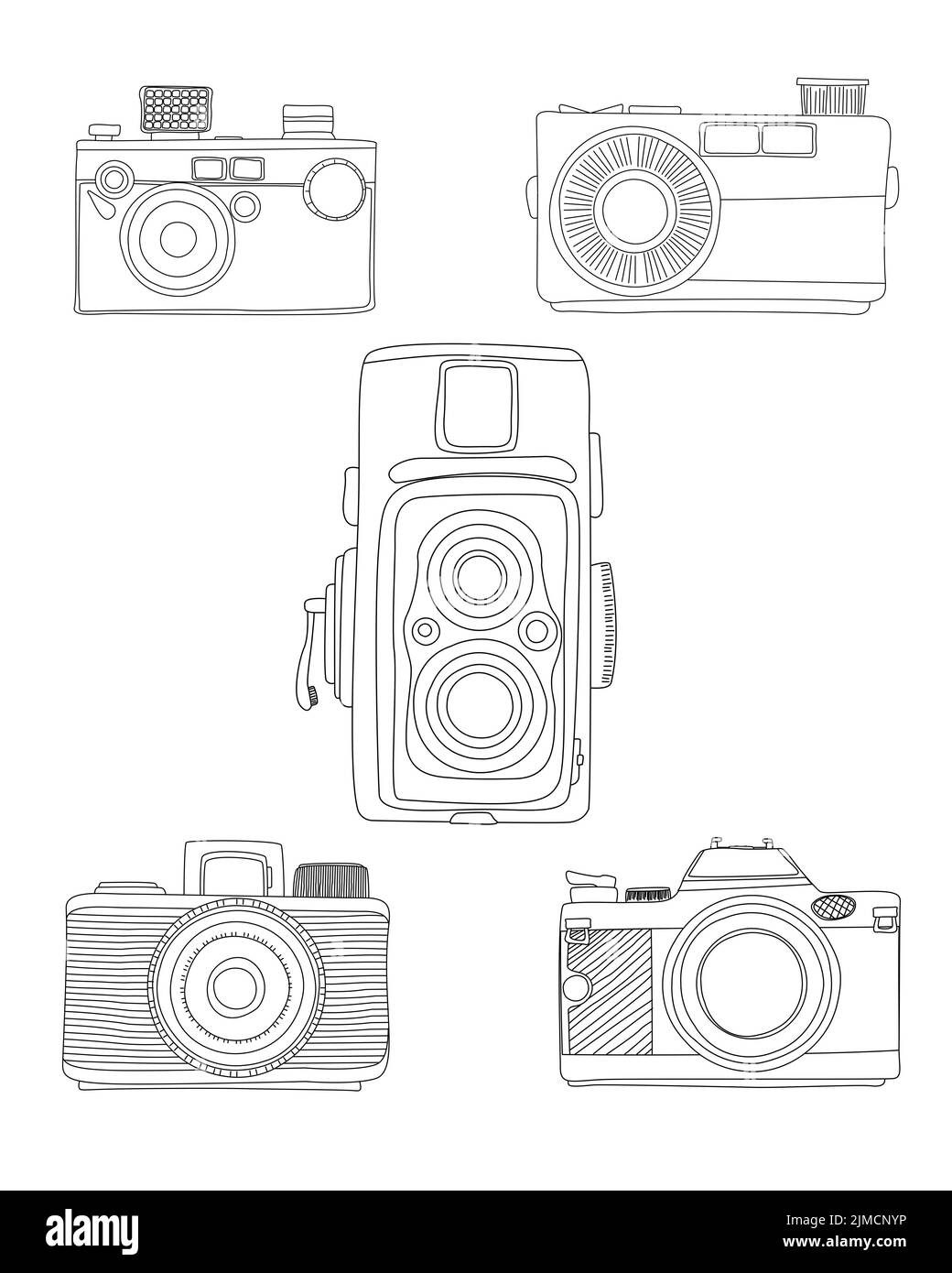 Doodle caméras analogiques sur whitebakcogruns, vecteur dessiné à la main Banque D'Images