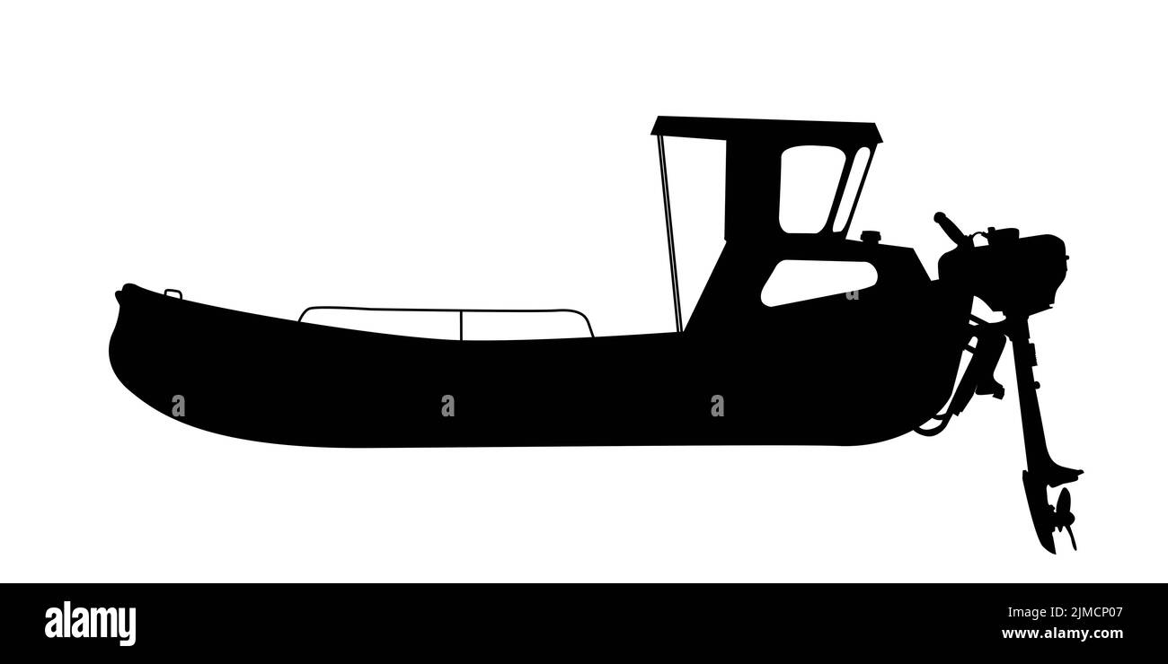 Petit bateau à moteur, bateau silhouette sur fond blanc Banque D'Images
