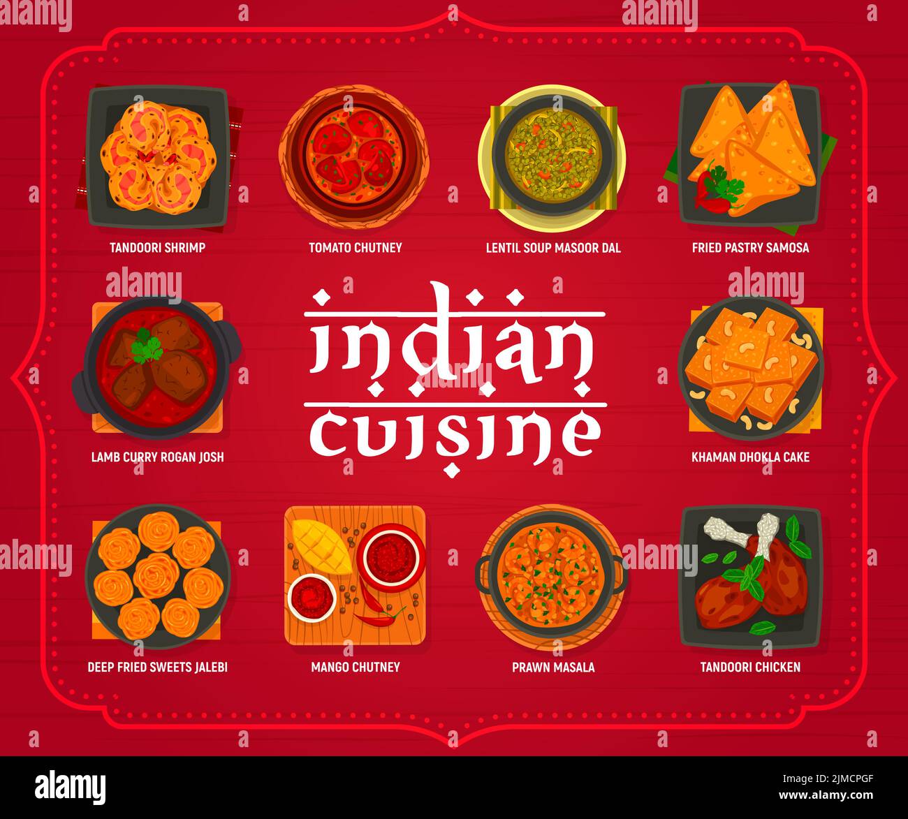 Menu de cuisine indienne, crevettes Vector tandoori, chutney de tomates et soupe de lentilles masoor dal. Plat de pâtisserie samosa, curry d'agneau rogan josh et khaman dhokla c Illustration de Vecteur