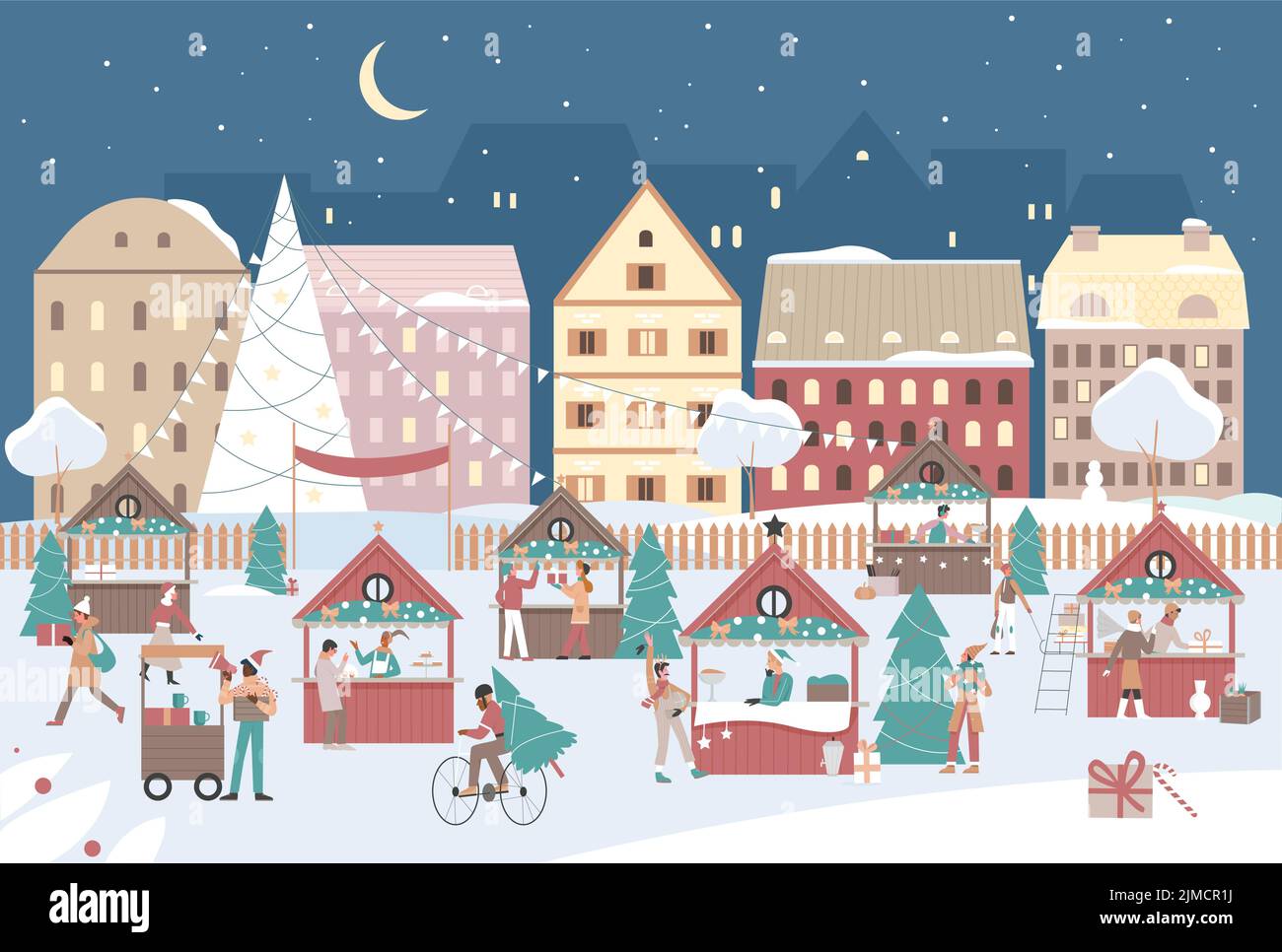 Scène de marché de Noël le soir des vacances d'hiver. Caricature de gens magasiner sur Noël festival ou foire avec des étals décorés, arbre traditionnel sur fond carré de ville. Concept Joyeux Noël Illustration de Vecteur