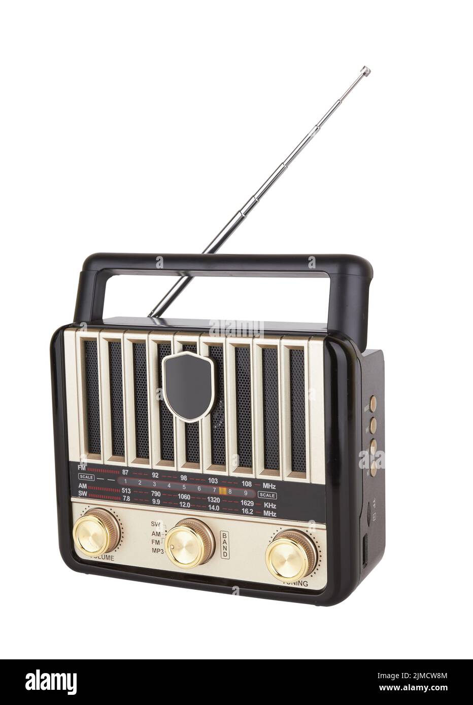 Récepteur radio rétro portable objet vintage isolé arrière-plan blanc Banque D'Images
