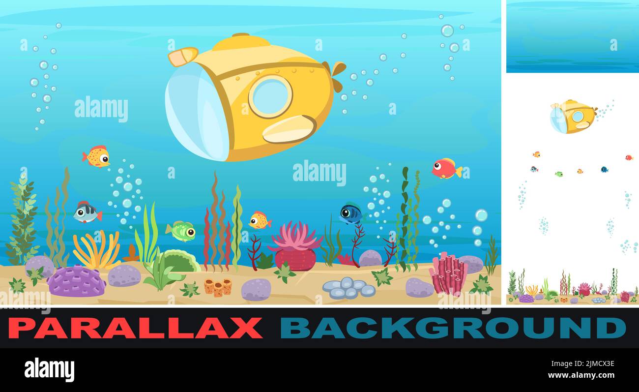 Fond du réservoir avec poisson. Définir l'effet de parallaxe. Sous-marin jaune. Eau bleue. Océan de mer. Paysage sous-marin avec des animaux, des plantes, des algues et Illustration de Vecteur