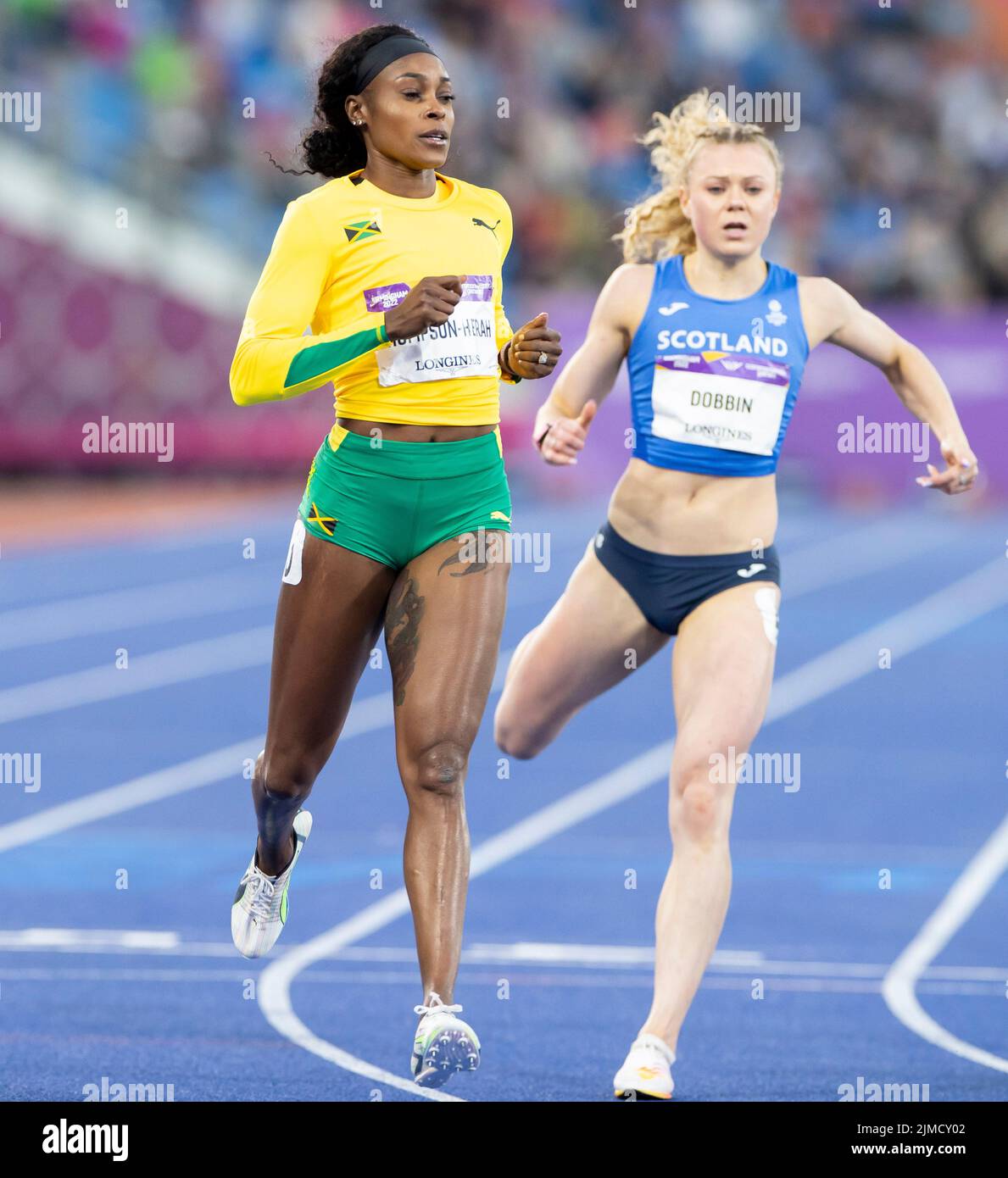 Birmingham, Royaume-Uni. 5th août 2022. 5th août 2022; Alexander Stadium, Birmingham, Midlands, Angleterre: Jour 8 des Jeux du Commonwealth 2022: Elaine Thompson-Herah (JAM) franchissant la ligne d'arrivée pour gagner dans la demi-finale 200m des femmes 3 et se qualifiant pour le crédit final: Action plus Sports Images/Alay Live News Banque D'Images