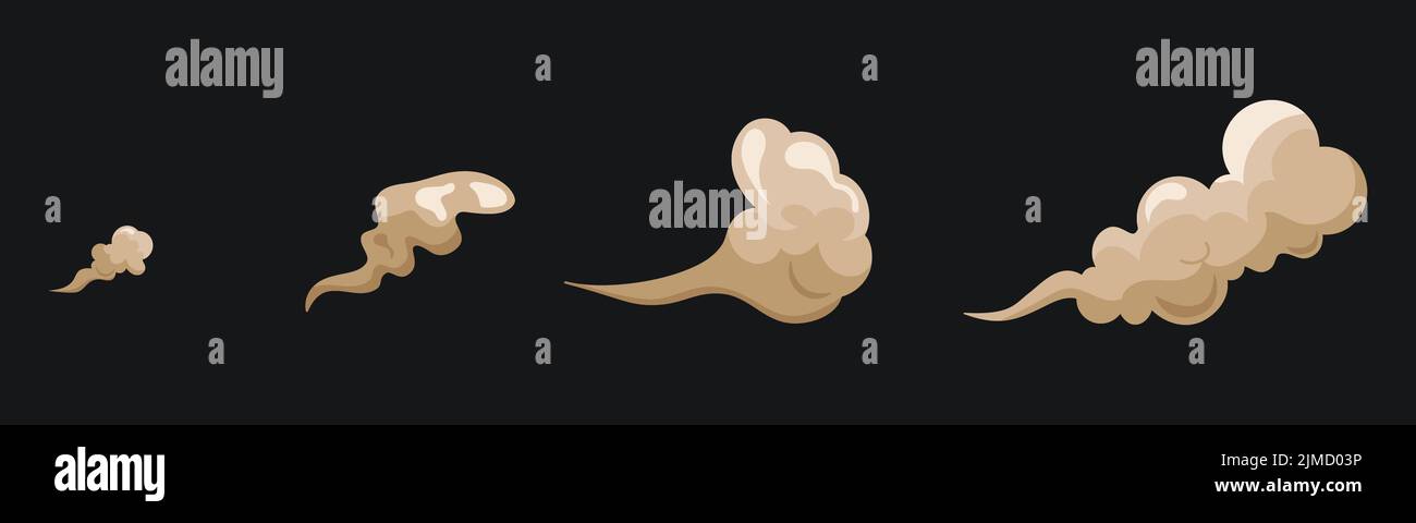 Ensemble de nuages de fumée et de poussière de dessin animé. Particules poussiéreuses isolées. Projection de sable sec. Illustration vectorielle. Illustration de Vecteur
