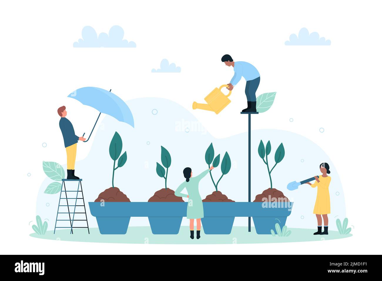 Illustration de vecteur d'agriculture, de serre et d'éco-agriculture. Personnages de dessin animé minuscules tenant arrosoir et parapluie pour prendre soin des pousses de fleurs, plantes vertes poussant dans le sol des pots Illustration de Vecteur